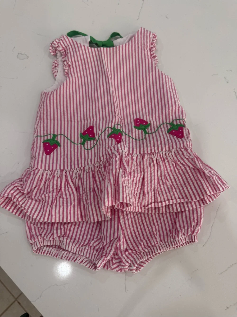 Florence Eiseman Girls’ Pink Stripe Top & Bloomers Set | Strawberry Embroidery